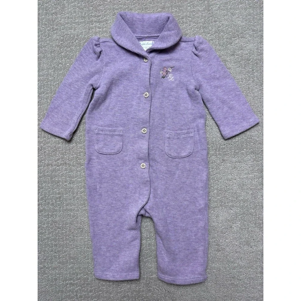 Baby Girls RALPH LAUREN Purple Knit Sweater Outfit One Piece Romper Sz 6 Mo